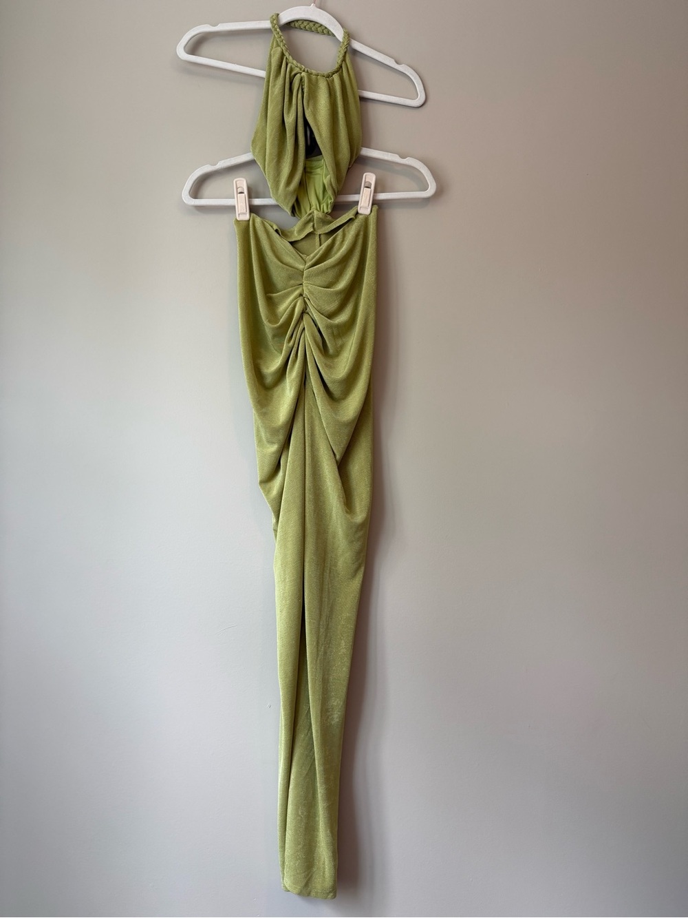 Oh Polly Olive Green Braided Halter Ruched Maxi Dress Sz 4 Cutout